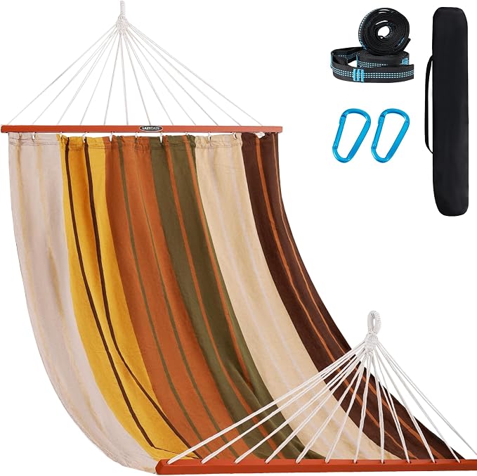 Lazy Daze Hammocks Cotton Fabric Double Hammock with 55" Spreader Bar, Portable Camping Hammock with Carrying Bag & Tree Straps for Patio, Backyard, Balcony, 450lbs Capacity, Brown & Khaki