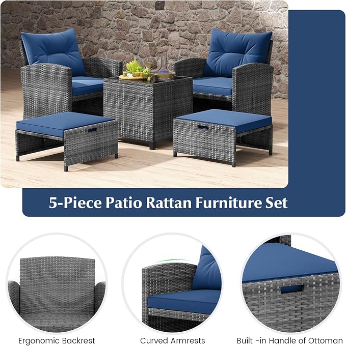 HAPPYGRILL 5-Piece Outdoor PE Rattan Conversation Set, Wicker Patio Furniture Set with Cushion, Ottoman & Coffee Table for Backyard Garden Poolside Lawn Deck Porch (Mix Grey & Navy)