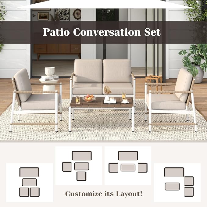 Tangkula 2 Pieces Patio Furniture Set, Outdoor Aluminum Conversation Set with Thick Cushions, Patio Loveseat Sofa with Coffee Table, Modern Bistro Set for Poolside, Deck, Yard