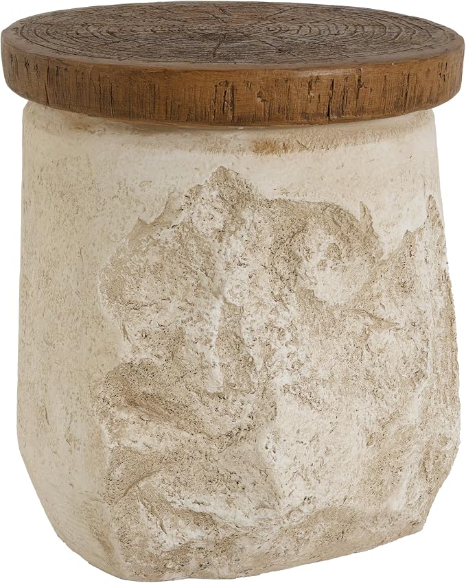 Merax Outdoor Patio MGO Side Table, 18.5" Height Round Side Table with Stone-Effect Base & Faux-Wood Grain Top, Rustic Modern Patio End Table Stand for Balcony Poolside, Fully Assembled, Beige+Wood