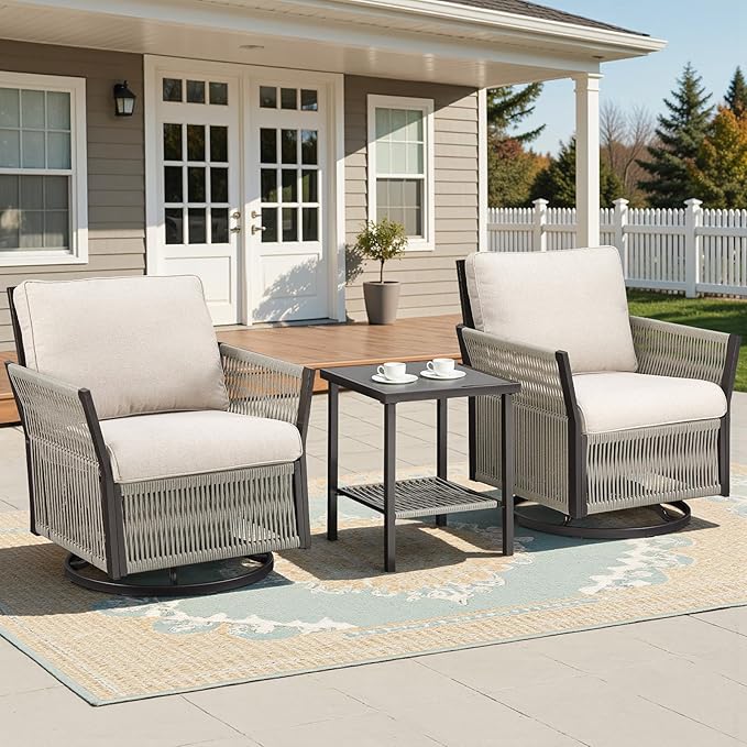 Patio Furniture Set Outdoor/Indoor, Wicker Patio Sofa, 3pcs Furniture Set with Swivel Rocker Chairs and Side Table for Backyard, Garden, Poolside(Beige)