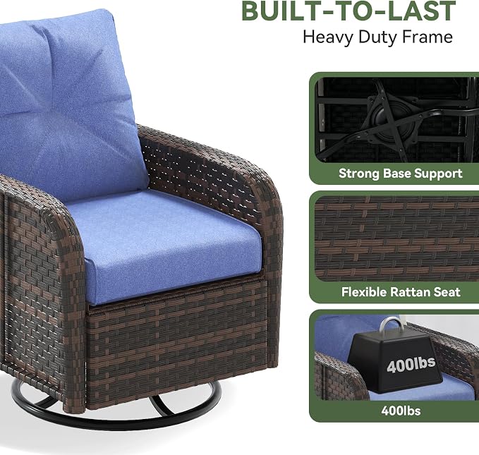 Aoxun 7-Piece Patio Furniture Set with 44” Fire Pit Table, Wicker Rattan Outdoor Sectional Sofa with High Back Swivel Rocker Chairs, Outdoor Patio Furniture Set with Thick Cushions & Ottoman, Blue