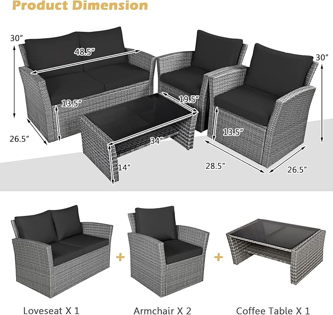 HAPPYGRILL 4 Pieces Conversation Set Outdoor Patio Rattan Furniture Set with Cushions and Coffee Table Sectional Wicker Sofa Set for Garden Porch Balcony Poolside