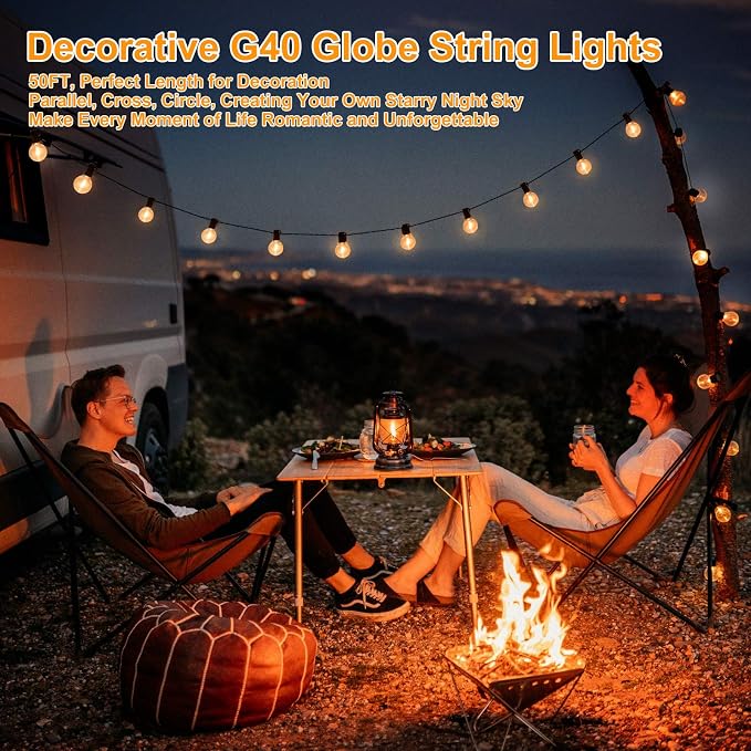 100ft 2-Pack Outdoor String Lights, G40 LED Globe Waterproof Patio Lights | 52 Shatterproof Edison Bulbs, Dimmable, Plug-In, Connectable, Commercial Hanging Lights for Porch Backyard Party Decor