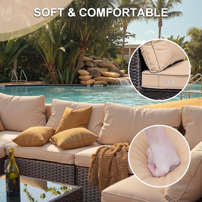 9 Piece Patio Furniture Set with 42" Fire Pit Table, Outdoor Wicker Rattan Sectional Sofa Set, Patio Conversation Set with Thickened Cushions, Beige