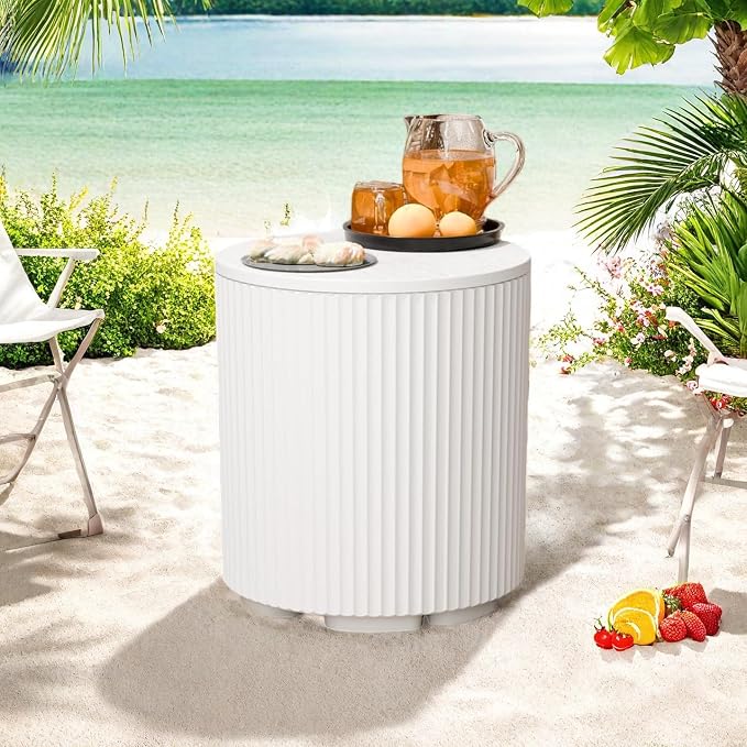 Patio Table and Ice Chest Storage, Portable Outdoor Bucket Cooler, 16.65in Outdoor Cooler Side Table - 2 in 1, Ice Chest Side for Parties Picnics Beach, White