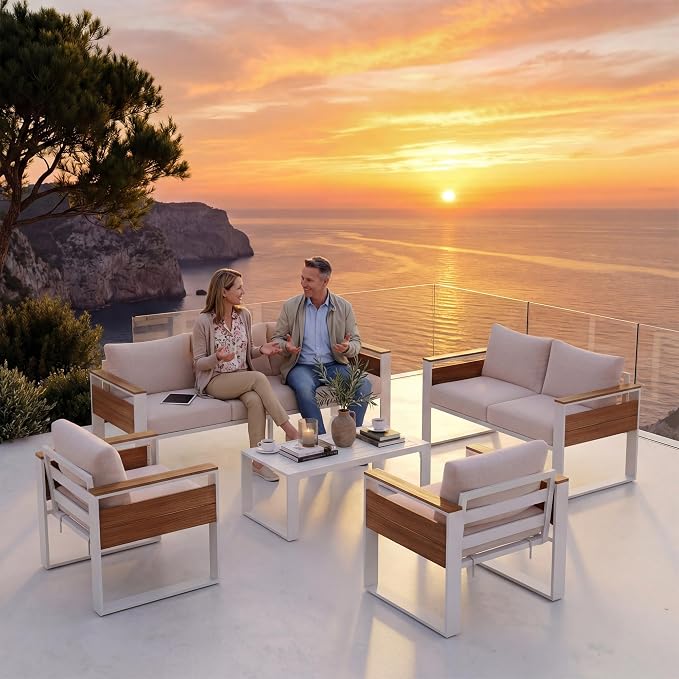 ENSTVER Aluminum Patio Furniture Sets, 7-Seat Outdoor Sofa with Premium Olefin Fabric Cushions & Zero-Maintenance Frame, Patio Sectional Conversation Set for Poolside, Garden