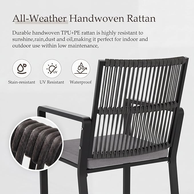 3 Pieces Outdoor Dinning Set Featuring 1 Aluminum Table and 2 Iron Alloy Ratten Chairs Waterproof and Rust-Proof Courtyard Style Table Garden Balcony Poolside, Black 3 Pcs