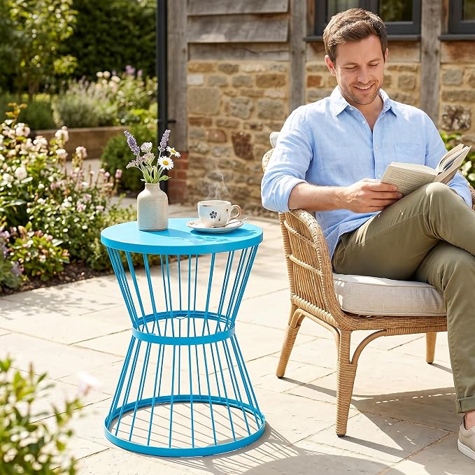 Outsunny 16" Steel Patio Side Table, Garden End Table with Hourglass Design, Accent Table for Outdoor and Indoor Use, Blue
