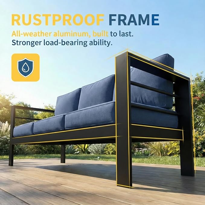 Solaste Aluminum Patio Furniture Set for All Weather, Oversized Metal Outdoor Furniture Set with 27.5" Deep Seating and 3.2" WIde Armrest, Outdoor Patio Conversation Sets with 10’’ Back Suport Cushion