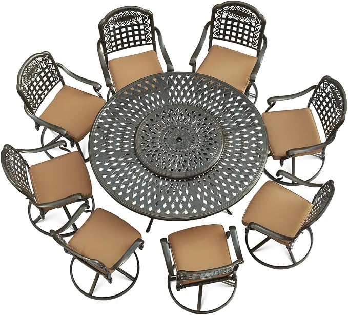VIVIJASON 9-Piece Outdoor Furniture Dining Set, Rust-Free Cast Aluminum Patio Conversation Set, Include 8 Swivel Dining Chairs & 61" Round Dining Table with 31" Lazy Susan, Umbrella Hole, Khaki