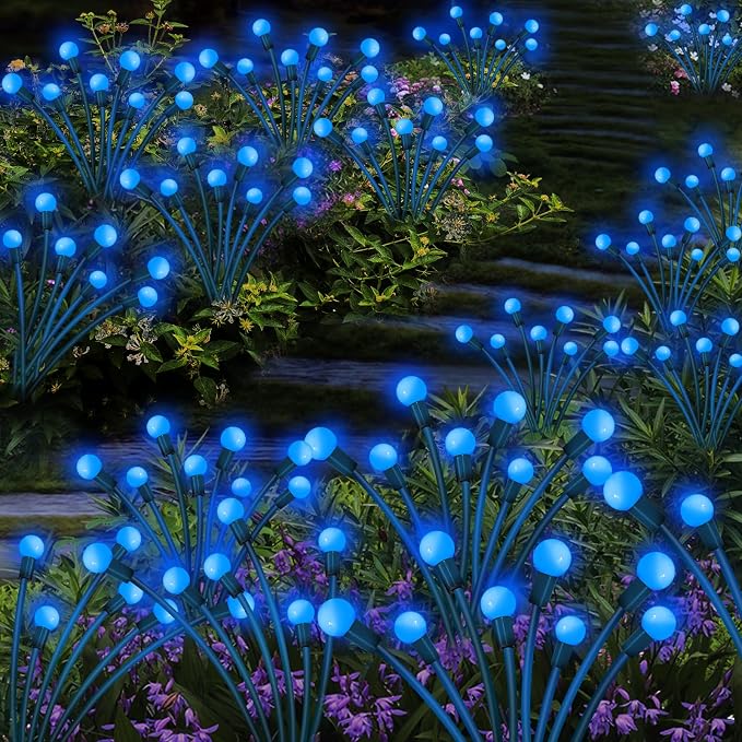 Kohlrabi Solar Garden Lights Outdoor, 4 Pack 32 LED Solar Blue Firefly Lights Waterproof, Starburst Wind Swaying Light for Outside Yard Patio Planter Flower Bed Walkway Christmas Decoration