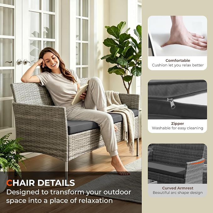4 Pieces Outdoor Patio Furniture Set, Wicker Patio Conversation Set with Tea Table, All-Weather Outside Rattan Sectional Sofa for Backyard, Poolside, Garden, Balcony, Gray/Dark Gray