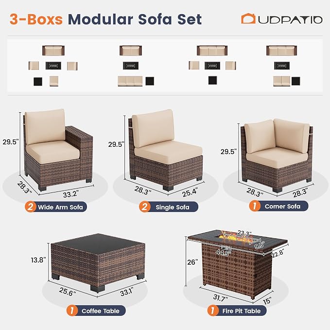 UDPATIO Patio Furniture Set with Fire Pit Table, 8 Inch Armrest 7 Piece Outdoor Sectional Sofas, All-Weather Wicker Conversation for Garden, Backyard, Brown/Khaki