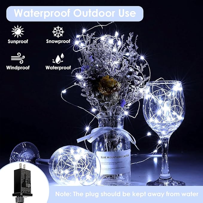 66FT 200 LED Fairy Lights Plug in, 8 Modes Twinkle Lights Cool White | Waterproof String Lights Outdoor Indoor, Memory, Timer, Copper Wire, Christmas Lights for Bedroom Garden Party Holiday Decor