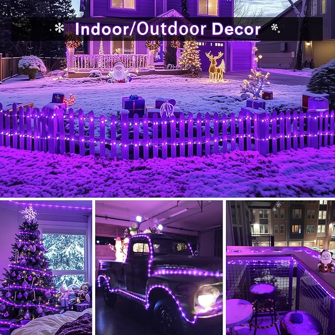 JMEXSUSS 200 LED Purple Solar Halloween Lights | 66 ft Rope Lights Outdoor Waterproof, PVC Tube Purple Christmas String Lights for Party Tree Fence Christmas