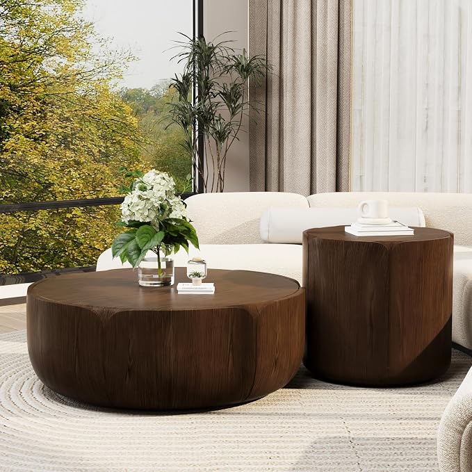 36" Round Coffee Table with 20" Round Side Table Set, Waterproof Sturdy MGO Wood Texture Grain Drum Outdoor Tables Set for Patio Garden Backyard Living Room, No-Assembly, Natural and Brown
