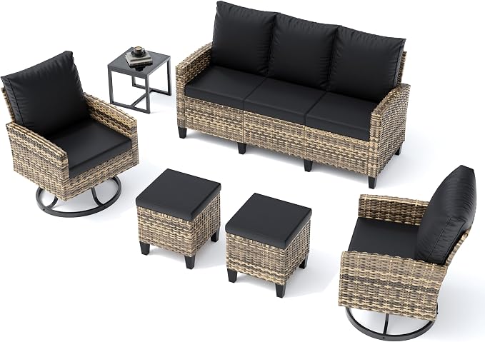 UDPATIO Patio Furniture Set, 6 Pieces Outdoor Conversation Sets with Swivel Chairs, All-Weather Wicker Rattan Patio Sofa with Ottomans and Glass Side Table for Backyard, Deck, Porch, Black/Yellow