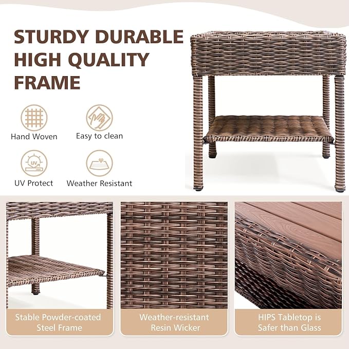Cambridge Outdoor Wicker Side Table, 2-Tier All-Weather HDPE Rattan Patio End Table with HIPS Tabletop and Storage Shelf for Garden Porch Deck, Brown
