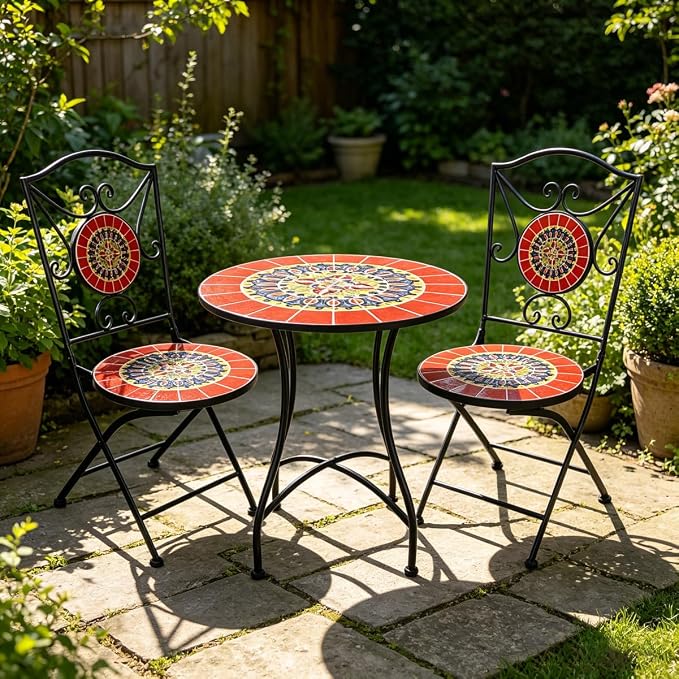 3 Piece Bistro Sets Mosaic Tile Round Table Folding Chairs Garden | Set of 3 Patio Furniture 23.6" Table and 2 Chairs Outdoor Bistro Chairs Artistic Table for Balcony Porch Apartment Backyard