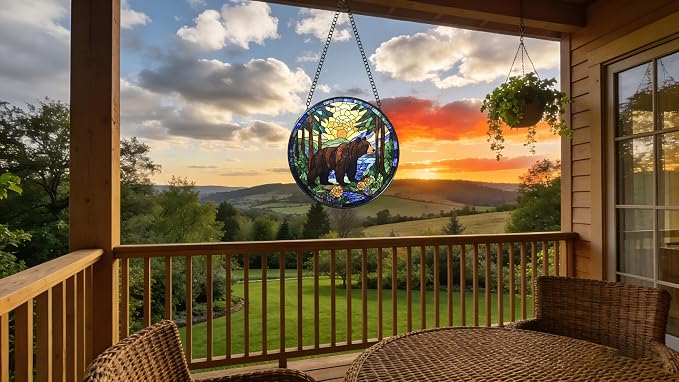 Stained Glass Window Hanging - A Black Bear is Walking in The Forest 6.3 Inches Suncatcher for Garden Home Decor for Women Mom Grandma Friends