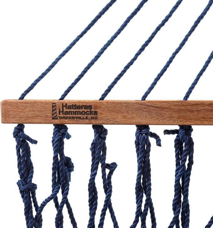 Hatteras Hammocks Deluxe Navy Duracord Rope Hammock with Free Extension Chains & Tree Hooks, Handcrafted in The USA, 450 LB Weight Capacity, 13 ft. x 60 in
