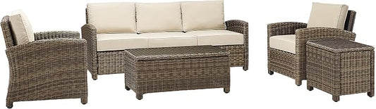 Crosley Furniture Bradenton 5-Piece Outdoor Sofa Patio Furniture Set, Wicker Conversation Sets for Porch, Brown with Sand Cushions