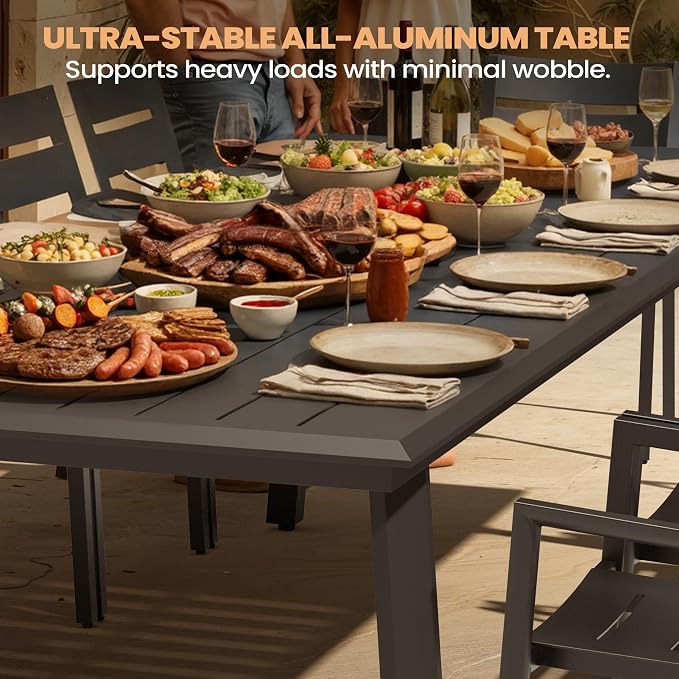 Pellebant 13 Pieces Aluminum Patio Table and Chairs Set - 118" Rectangular Table and Foldable Chairs Outdoor Dining Set with Umbrella Hole, Weather Resistant Sturdy Frame for Deck, Porch & Backyard