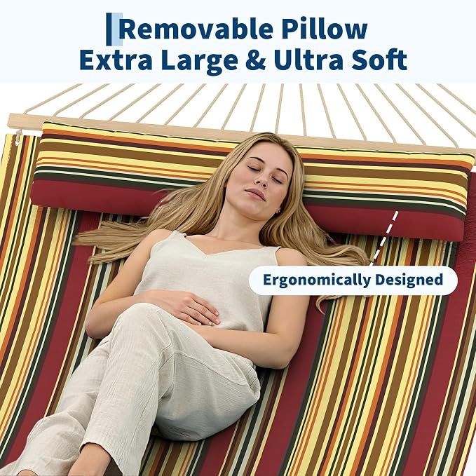 Double Quilted Hammock with Wooden Spreader Bar, 2 Person for Outdoor Without Stand, Patio Backyard Poolside, Red-Yellow Stripe