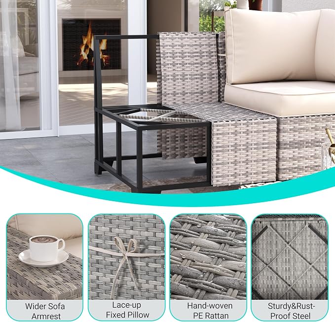 9-Piece Outdoor Patio Furniture Set with 55,000 BTU Fire Pit Table, PE Wicker Rattan Sectional Sofa Patio Conversation Set with Ottomans & Coffee Table, White