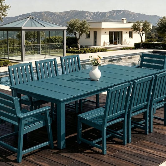AreShark 9-Piece Outdoor Dining Set,HDPE Patio Table with 8 Chairs,All-Weather Patio Furniture Set with Umbrella Hole,Low Maintenance Wood Grain Dining Set for Backyard,Garden,Poolside,Navy Blue