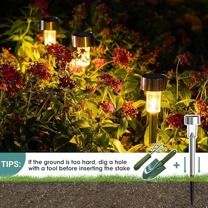 GIGALUMI 16 Pack Solar Lights Outdoor Waterproof, Stainless Steel | Solar Pathway Lights, Solar Garden Lights for Patio, Lawn, Yard and Landscape LED (Warm White)