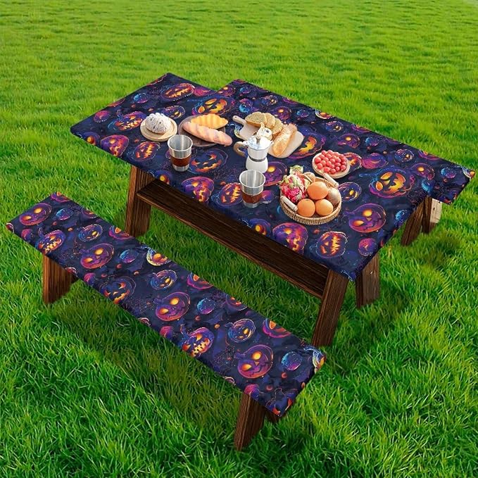 Halloween Picnic Table Cover with Bench Covers Washable Outdoor Camping Tablecloth Summer Abrasion Resistant Waterproof Picnic Table Cover 3 Piece Set