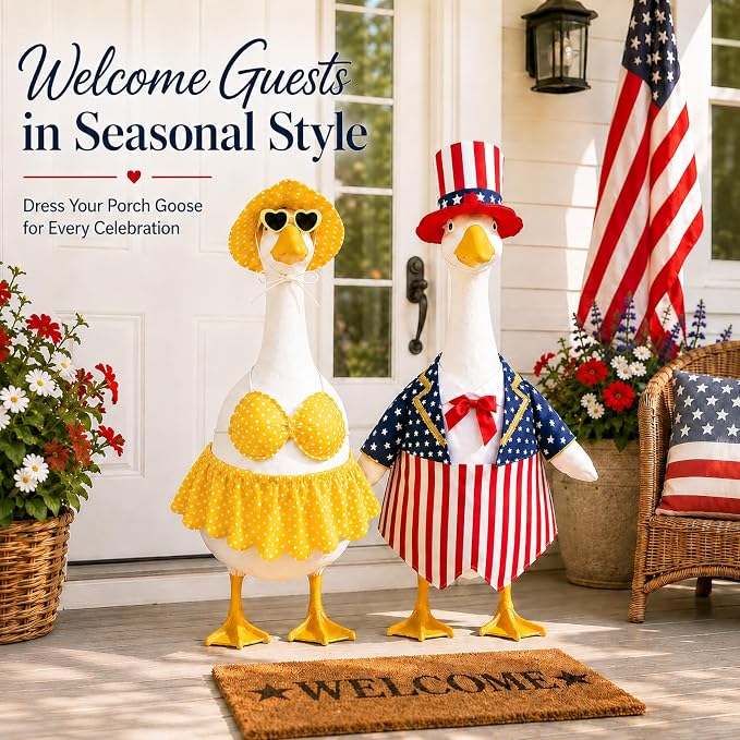 8 Set 23 Inch Porch Goose Outfits, Holiday Goose Clothes | All Seasons Bundle for Valentine St. Patrick Easter Summer 4th of July Fall Halloween Christmas, front porch yard patio decor