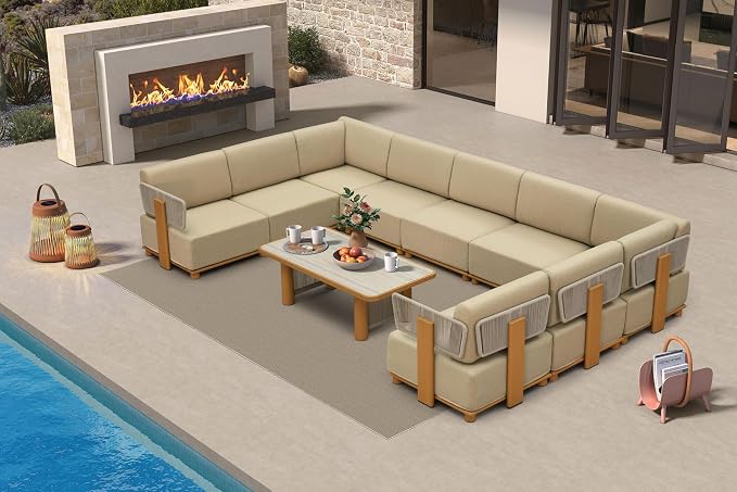 PURPLE LEAF Patio Furniture Set Modular U-Shaped Outdoor Sectional Sofa with 11" Thick Olefin Cushion 10-Piece Outdoor Conversation Set with Coffee Lights & Table for Backyard Garden Poolside, Beige