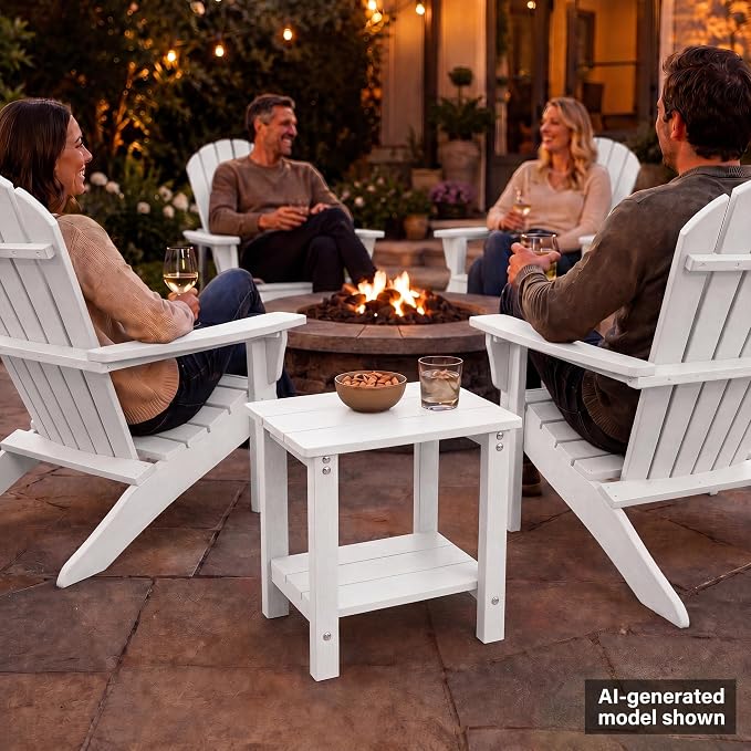 MXIMU Outdoor Side Table Set of 2: Heavy-Duty Sturdy Warp Resistant Adirondack Table - Wood Grain Finish Outdoor End Tables - Easy Assembly & Low Maintenance Patio Side Table White