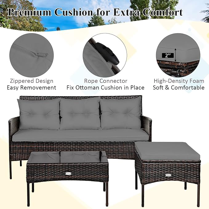 Tangkula 3 Pieces Patio Conversation Set, All Weather Outdoor PE Rattan Wicker Furniture Set with Padded Cushions, Tempered Glass Coffee Table, for Poolside, Backyard, Garden (Gray)