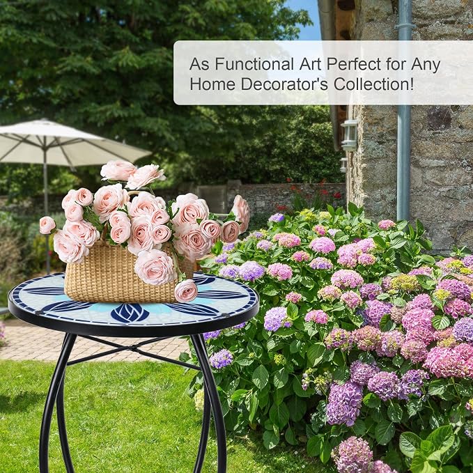 VCUTEKA Patio Side Table Outdoor Accent Table Bistro Coffee Table Plant End Table Small Porch Tables Indoor Round Glass Balcony Blue Flowers 14 inches