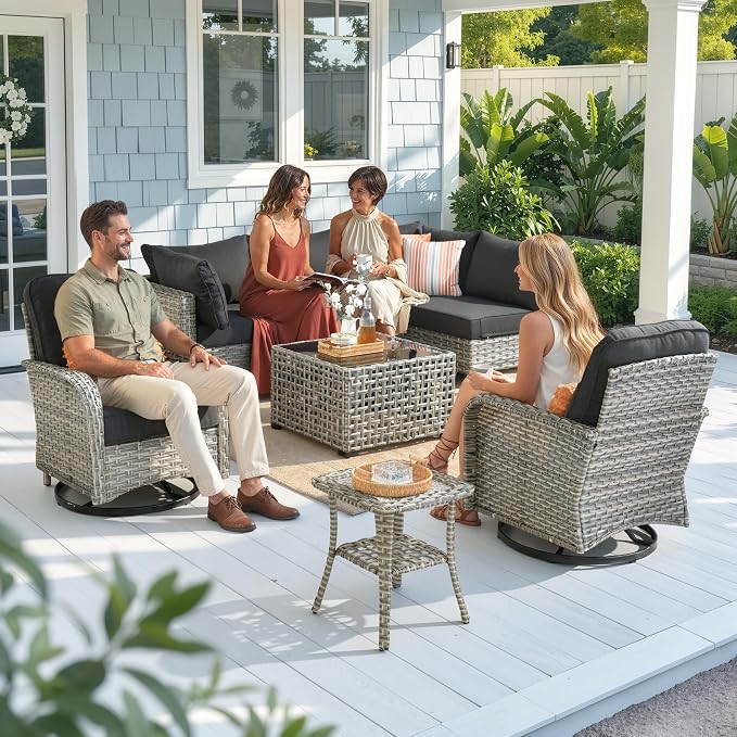CAODOC Outdoor Sectional Patio Furniture Set,8 Pieces Wicker Conversation Sets L Shaped Couch,Out Door Sofa Outside Furniture with Swivel Chairs,Black