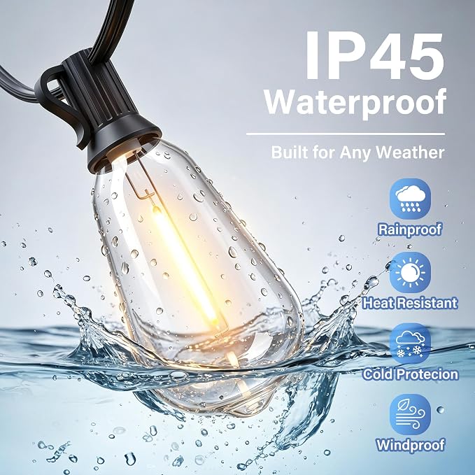 Guhope 102FT Outdoor String Lights with 39 ST38 Edison Bulbs 2200k | IP45 Waterproof Shatterproof Patio Lights Dimmable Hanging Connectable 24V Lights for Porch Garden Backyard Gazebo