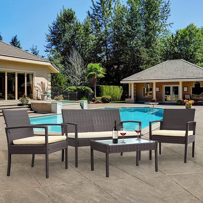 4 Piece Outdoor Patio Furniture Set, Rattan Patio Conversation Set | Thick Polyester Cushions, Tempered Coffee Table, Steel Frame Easy Assembly, Suit for Backyard Porch Poolside Balcony, Beige
