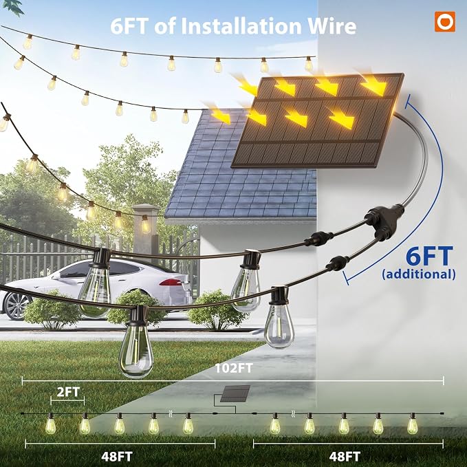addlon 102FT(96FT+6) Solar String Lights Outdoor Waterproof with USB Port & Remote Control Solar Patio Lights for Outside Solar Powered with 52 LED Dimmable Bulbs for Porch Garden Deck Halloween | Waterproof, Shatterproof, Spaced 2FT, USB Charging, Rem...