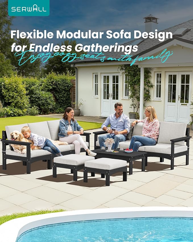 SERWALL 9 Pieces Patio Furniture Set, HDPE Outdoor Sectional Sofas, Outdoor Couch Set with Cushions and Coffee Table, Extra-Large Modular Conversation Set for Garden, Black Frame with Khaki Cushion