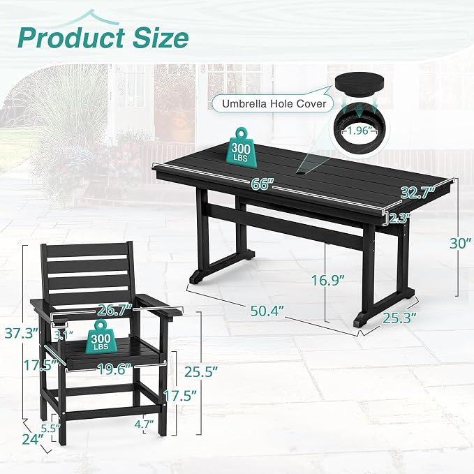 5 Piece Patio Dining Set, 66" Rectangle HDPE Weather Resistant Outdoor Table & 4 Patio Chairs Set with 1.96" Umbrella Hole, Heavy Duty Chairs for Backyard Balcony Deck, Black