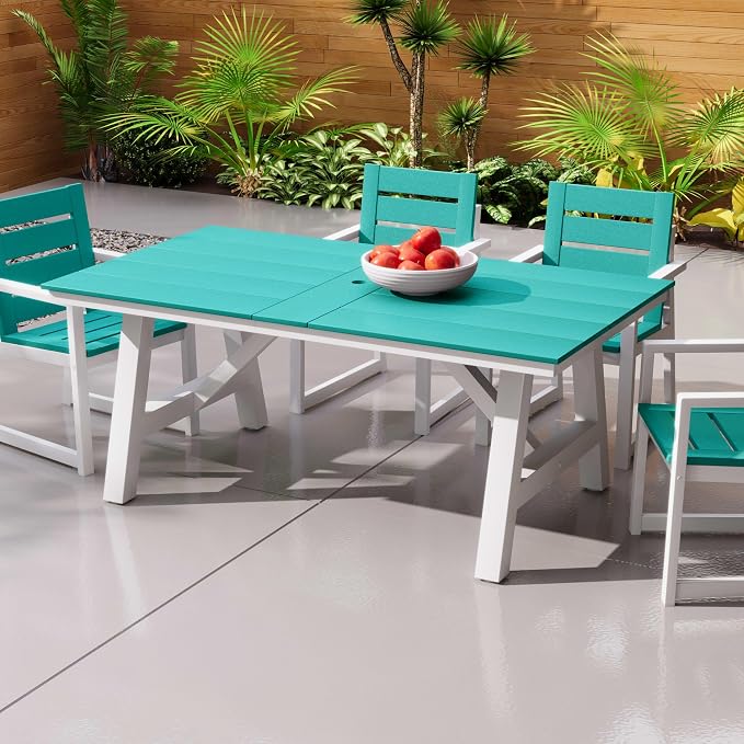 Costaelm Outdoor Dining Tables for Patio, 72" Rectangle 6-Person HDPE Dining Table with Umbrella Hole and Metal Frame for Outside, Garden, Poolside, Backyard, Porch, Balcony, Turquoise