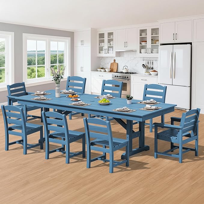 SERWALL 9 Piece Outdoor Dining Set, 84" HDPE Outdoor Table with 6 Armless Chairs and 2 Armchairs ，All Weather Patio Dining Furniture Set with Umbrella Hole for Backyard, Garden, Blue