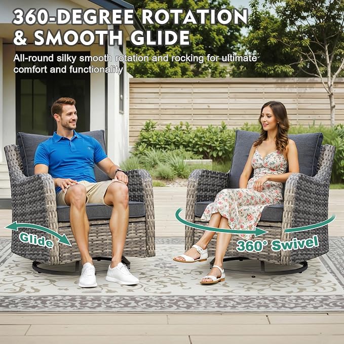 MEISSALIVVE 8 Pieces Patio Furniture Set with Swivel Chair, Wicker Patio Sofa, Rattan Conversation Set with Three-seat Sofa, 2 Fixed Single Chair for Lawn Backyard (Grey)