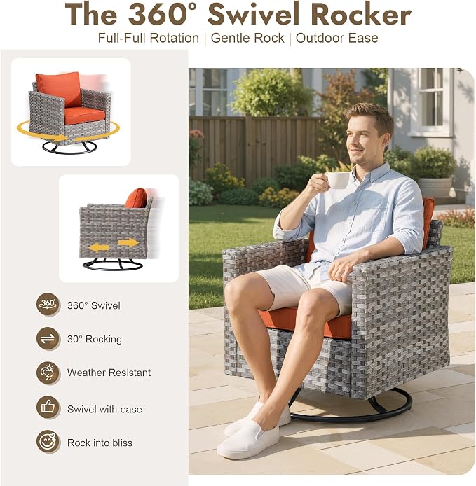 9 Pieces Patio Furniture Set, Wicker Outdoor Sectional Sofa with Swivel Chair Comfy Cushions, Modern Modular Deep Seat Rattan Couch Conversation Set for Backyard Porch Yard,Orange