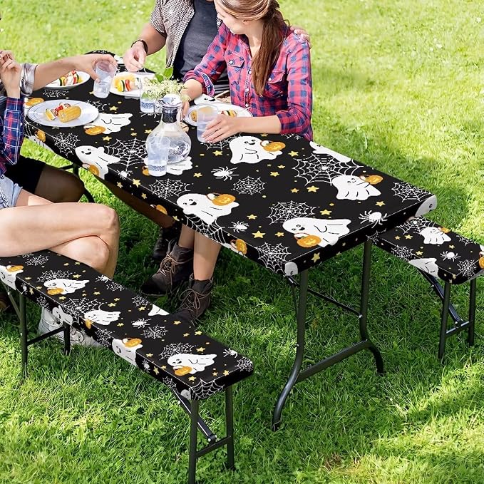 Ghost Table Cover with Bench Covers Washable Rectangle Table Cover Outdoor Patio Camping Essentials Halloween Picnic Table and Chair Decorative Cover