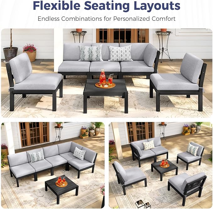 Modular Outdoor Patio Conversation Set, 6-Piece L-Shaped Sectional Sofa Set with Coffee Tables & Thick Cushions, Easy Side Interlock, HIPS All-Weather Patio Furniture Set for Backyard, Deck, Poolside